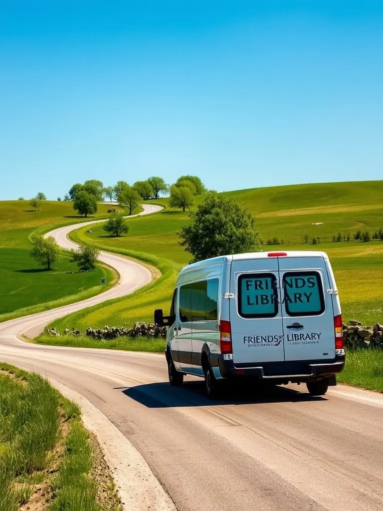 A photograph of a mobile library van driving through a rural landscape, bringing books and resources to remote communities served by FRIENDS OF THE LIBRARY.