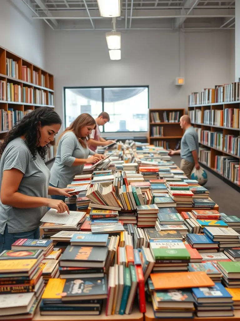 A photograph of volunteers sorting and organizing donated books in the library, highlighting the variety of genres and the dedication of the volunteers. The image should emphasize the importance of book donations in supporting literacy.
