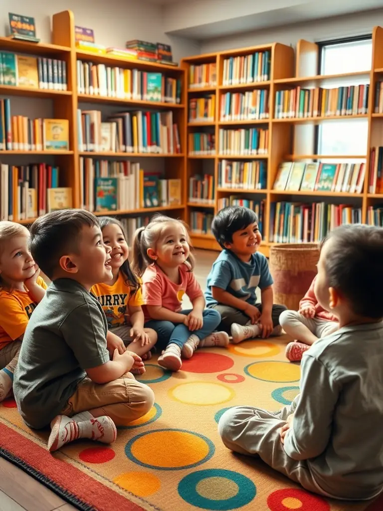 A vibrant photograph capturing children participating in a storytelling session at the local library, with a focus on their engaged expressions and the colorful books surrounding them. The image should convey the joy of reading and community interaction.