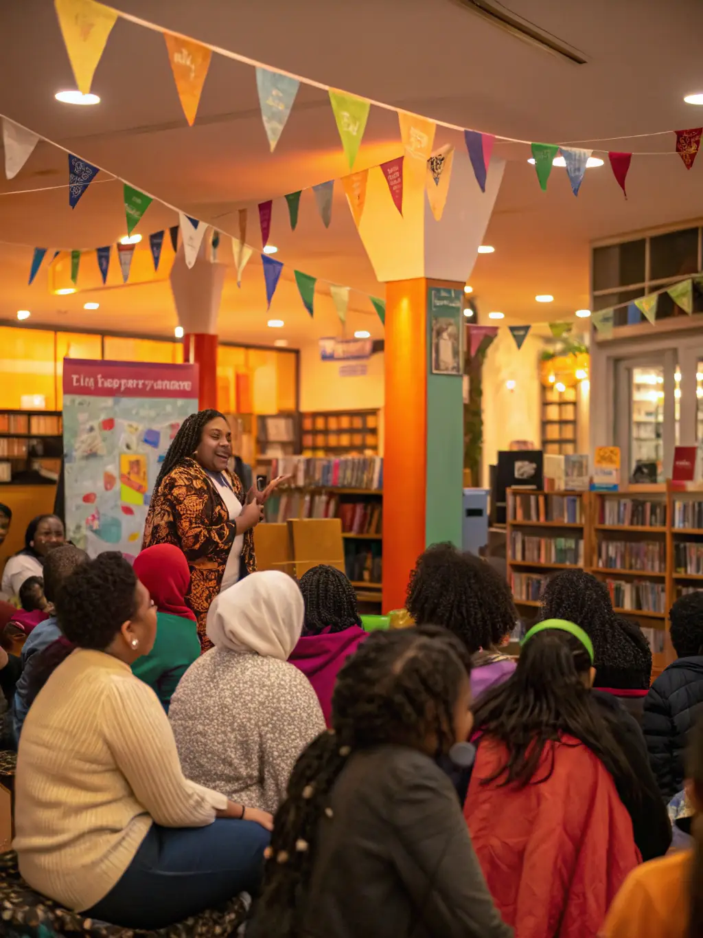 A photograph of a community event celebrating local culture, featuring traditional music, dance, and crafts at the library.