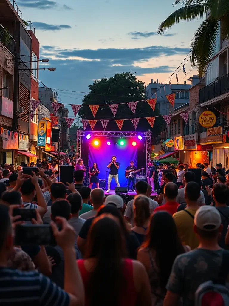 A vibrant image of a cultural event organized by FRIENDS OF THE LIBRARY, featuring local artists and community members celebrating local traditions.