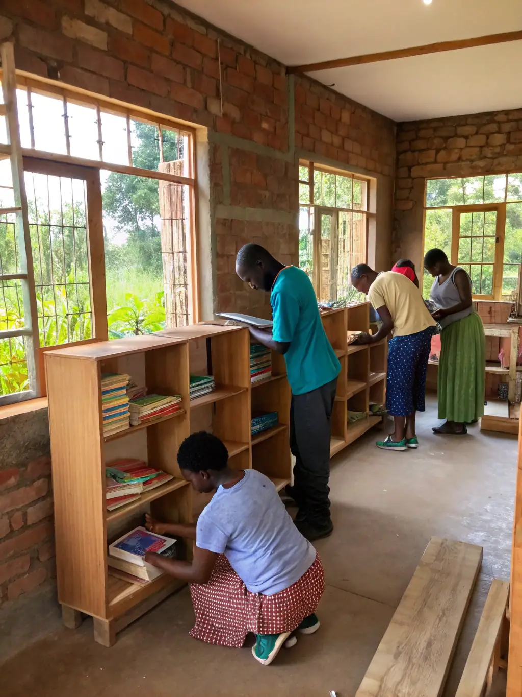An image of volunteers sorting and organizing donated books in a rural library setting, highlighting community support.
