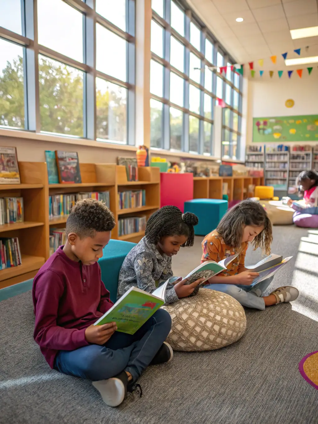 A photograph of children participating in a reading program organized by FRIENDS OF THE LIBRARY, set in a rural community library. The children are smiling and engaged with the books.