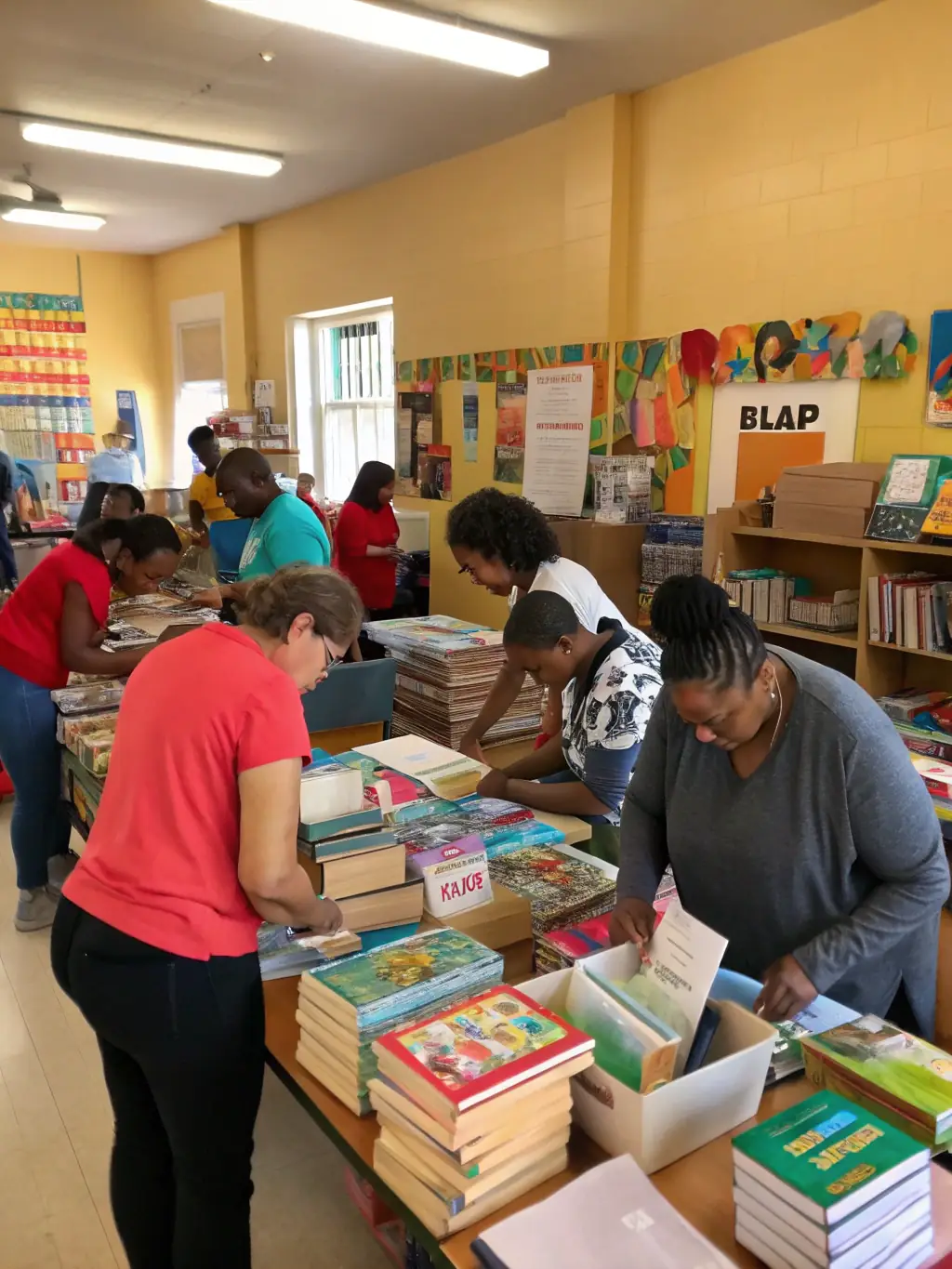 A photo of volunteers sorting and donating books to a local school in a rural area, showcasing the book donation program of FRIENDS OF THE LIBRARY.