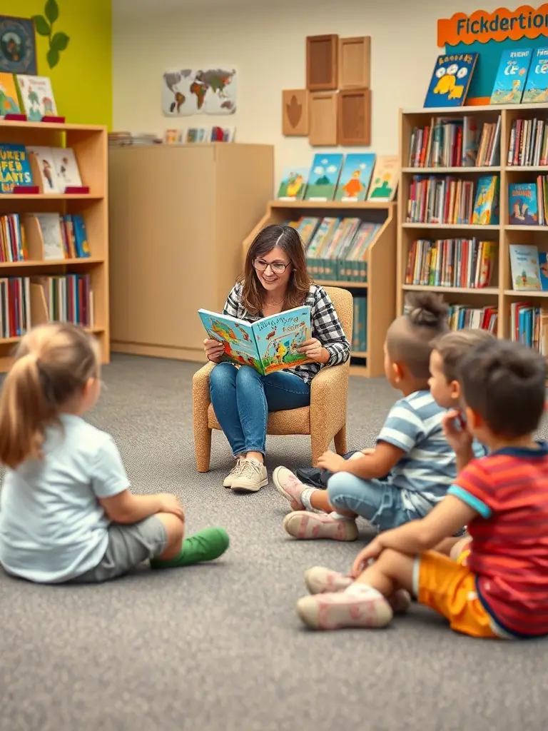 A vibrant image of children participating in a storytelling session at the local library, with a friendly librarian reading aloud from a colorful book.