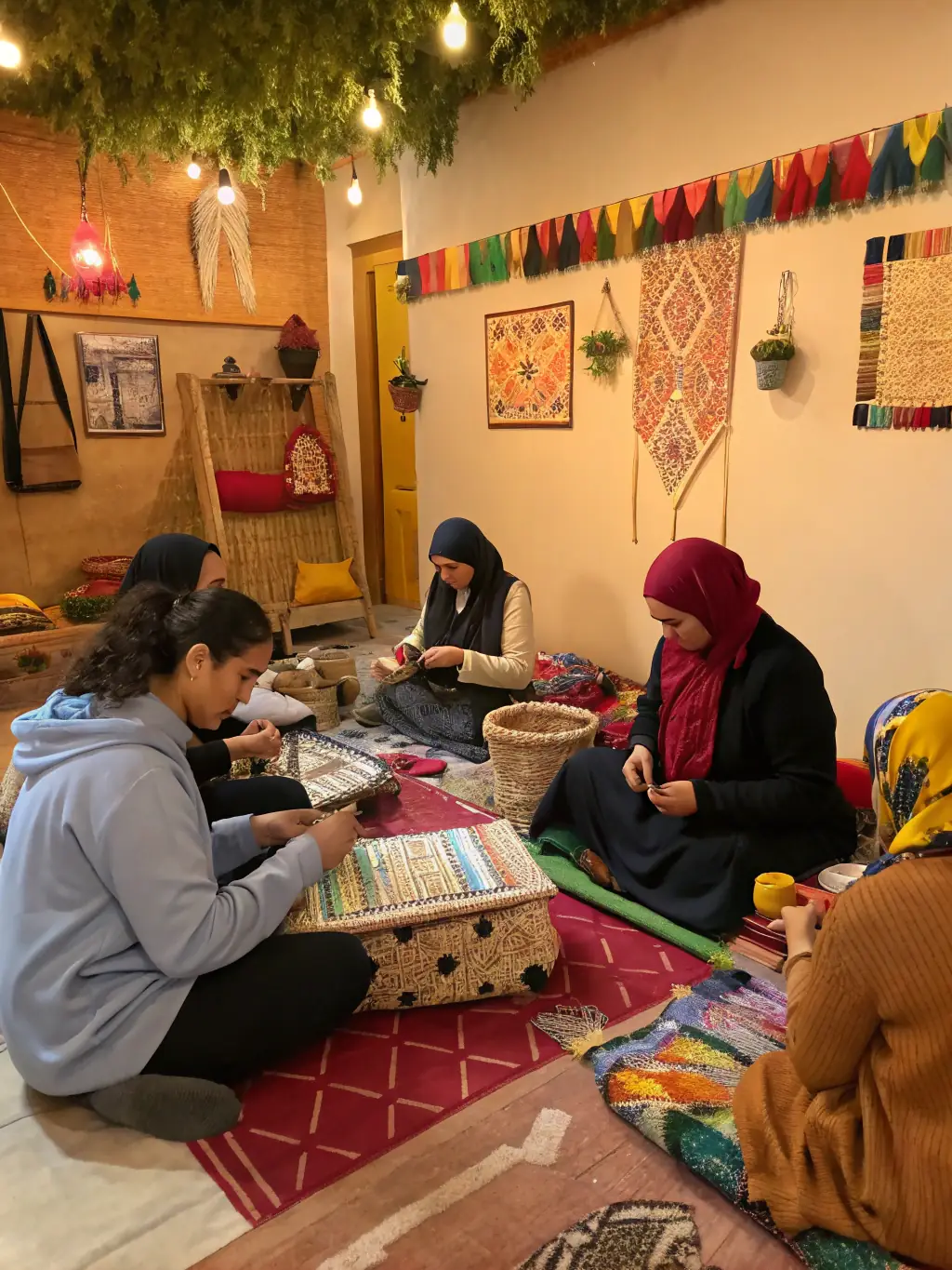 A photograph of participants engaged in a cultural workshop, learning about local traditions and crafts. The image should capture the hands-on nature of the workshop and the cultural exchange taking place.