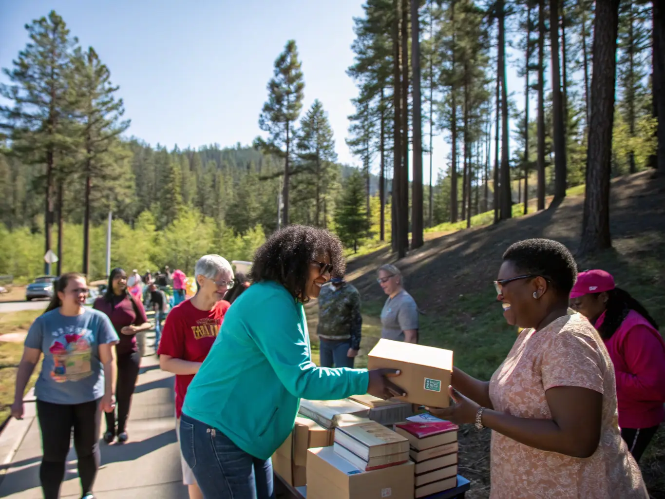 An image showing volunteers from FRIENDS OF THE LIBRARY donating books to a rural community library, emphasizing the organization's commitment to providing access to reading materials.
