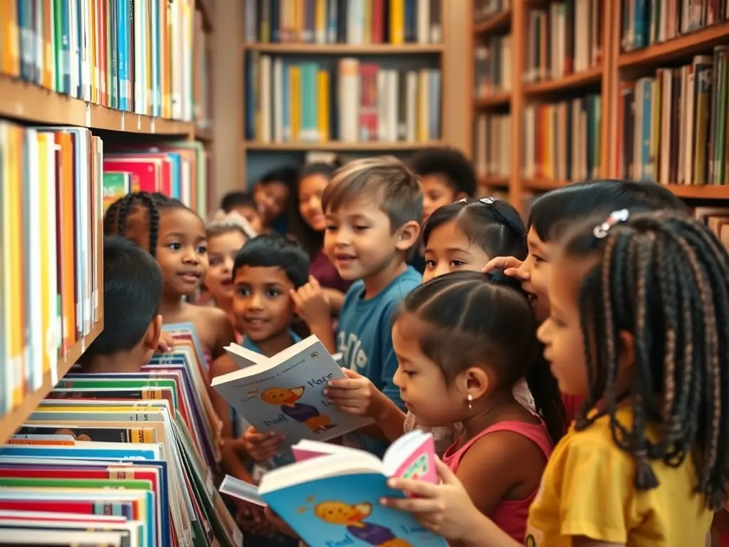 A vibrant image depicting children participating in a reading program at a local library, showcasing the joy of reading and learning.