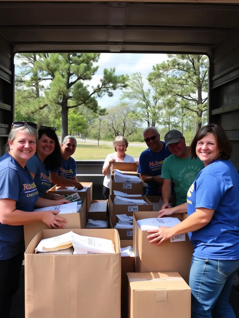 A photograph of a book donation drive in a rural community, showcasing volunteers collecting and sorting books to distribute to local families.