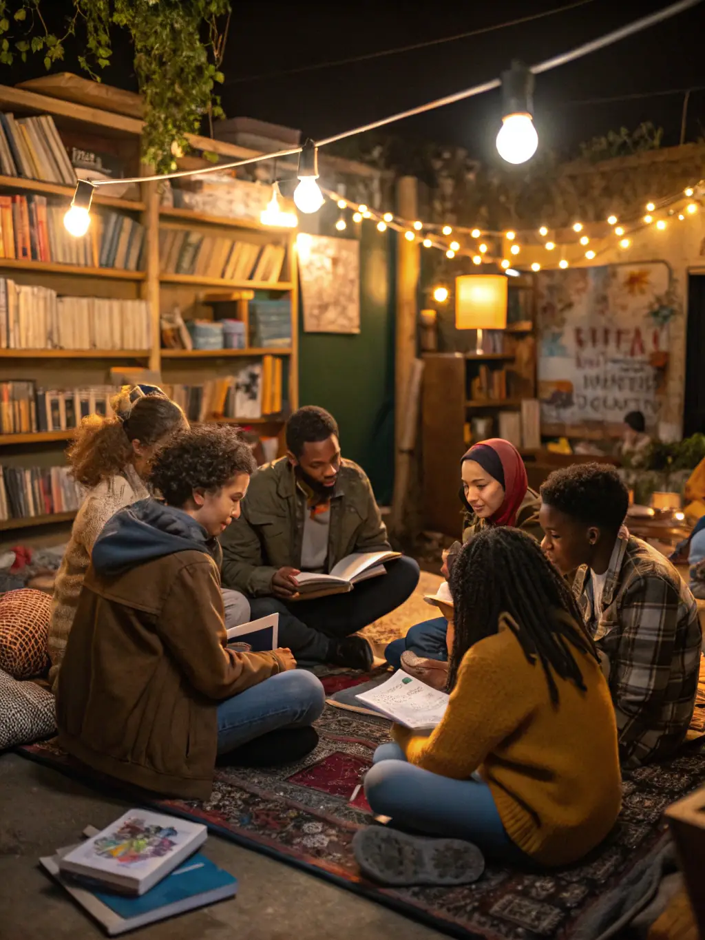 An image of a community storytelling event in a rural library, with people of all ages participating and enjoying the activity.